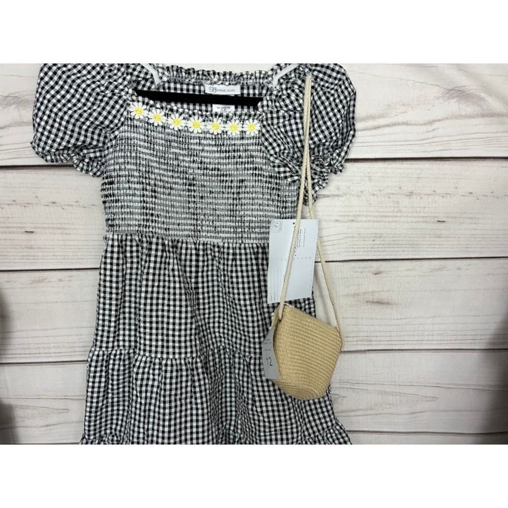 Bonnie Jean‎ Girls Gingham Smocked Tiered Dress with Daisy Trim & Purse Size 12 - Picture 3 of 10